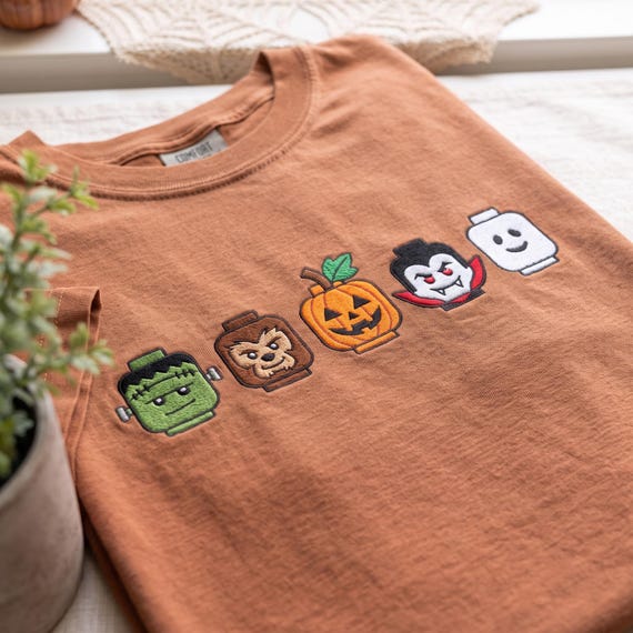 Comfort Colors Embroidered Halloween Brick Monster Shirt, Spooky Season Tee, Monster Face Inspired Shirt, Halloween Party Gift