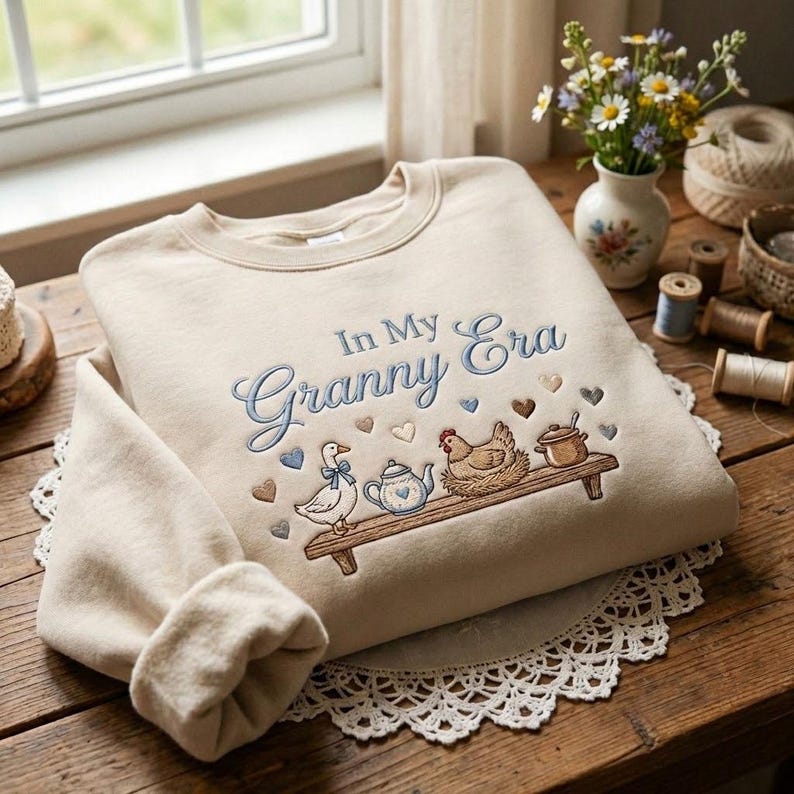 May include: Beige sweatshirt with the embroidered phrase "In My Granny Era" in blue script. The design includes a goose, teapot, chicken, and pot on a wooden shelf, with heart accents.