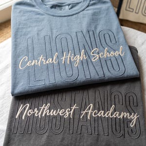 May include: A blue t-shirt with the word LIONS and the text Central High School in white, layered over a dark gray t-shirt with the word MUSTANGS and the text Northwest Academy in white. Both shirts feature embroidered lettering.