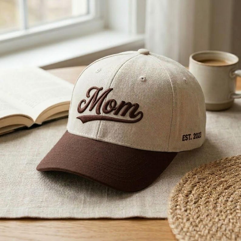 May include: A beige baseball cap with a brown bill and the word "Mom" embroidered in a script font. The text "EST. 2021" is embroidered on the side. The hat is sitting on a light-colored surface.