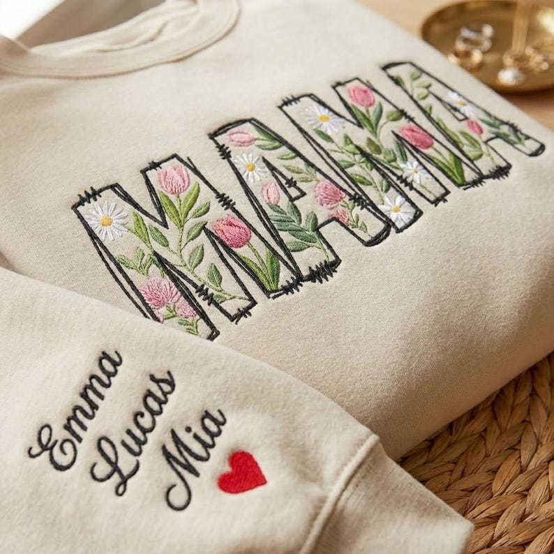 Op de afbeelding: Cr&egrave;mekleurige sweatshirt met het geborduurde woord "MAMA" in zwarte omtrek, gevuld met roze tulpen, witte madeliefjes en groene bladeren. De mouw heeft geborduurde namen en een rood hart.