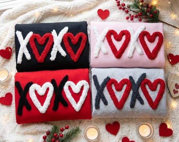 Custom Chenille Yarn Embroidery Sweatshirt, Custom XOXO Crewneck, Valentine Chenille Heart, Valentine Gift