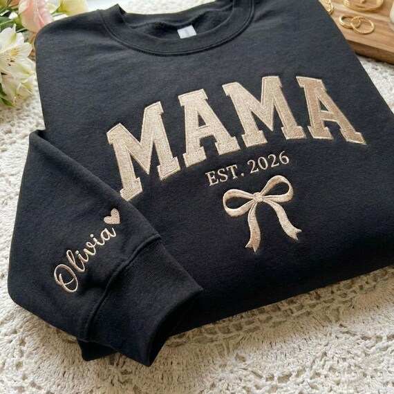 Embroidered Custom Mama Sweatshirt, Name on Sleeve With Heart, Personalized Mama Coquette Bow, Mama Shirt With Date, Mothers Day Gift