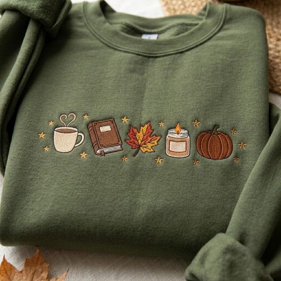 Embroidered Book Lover Sweatshirt, Women's Fall Bookish Crewneck, Autumn Pumpkin Coffee Shirt, Book Lover Gift, Cozy Fall Shirt