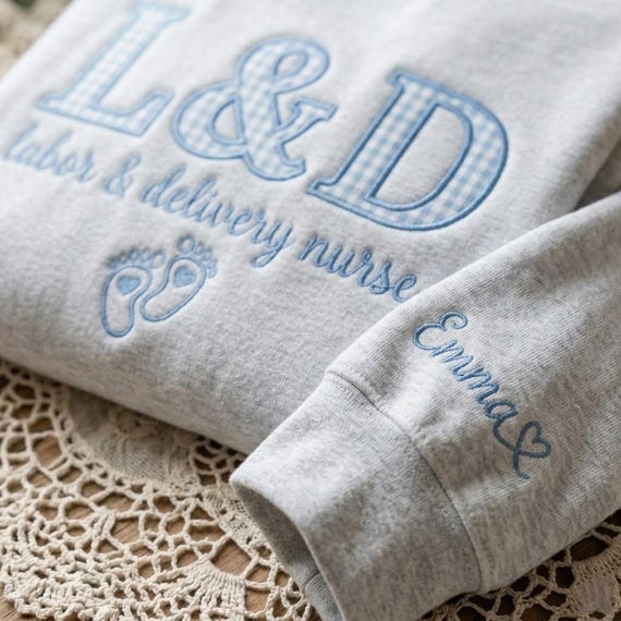 Custom Embroidered Labor And Delivery Nurse Sweatshirt, Personalized Delivery Nursing Crew Group Gift, L&D Nurse Gingham Applique Crewneck