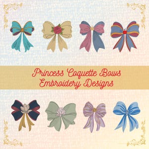 8+ Cartoon Princess Embroidery Bundle, Magic Kingdom Princess Cartoon Bows Bundle, Princess Coquette Bows Embroidery Bundle