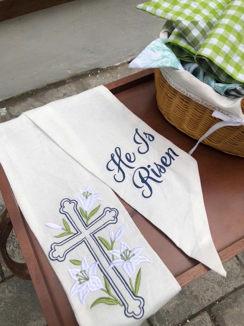 Embroidered Custom He Is Risen Embroidered Wreath Sash, Personalised Initials Home Decor, Floral Cross Sash, Spring Toile Front Door Bow image 4