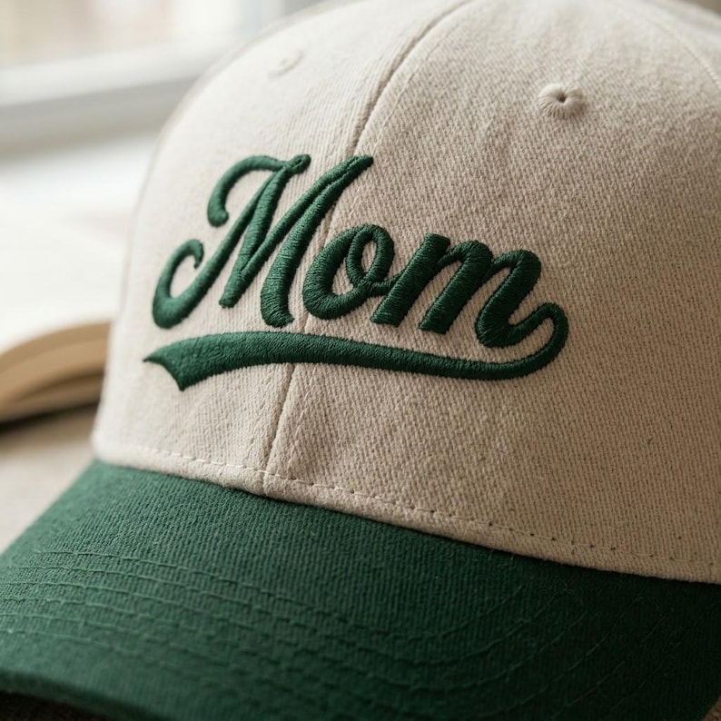 May include: A baseball cap with a beige crown and a dark green brim. The word "Mom" is embroidered in a cursive, dark green font across the front of the cap. The cap is made of a textured fabric.