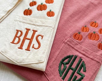Comfort Colors Custom Embroidered Pumpkin Pocket Shirt, Personalized Monogram Fall Pocket Tee, Hello Fall Shirt, Cozy Season Gift