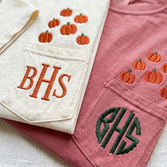 Comfort Colors Custom Embroidered Pumpkin Pocket Shirt, Personalized Monogram Fall Pocket Tee, Hello Fall Shirt, Cozy Season Gift