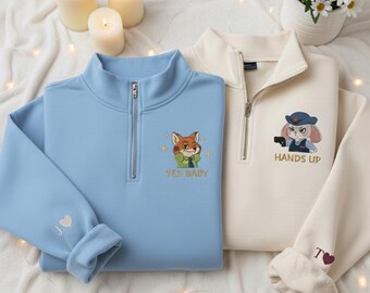 Felpa con ricamo per coppia ispirata allo zoo, girocollo con volpe e coniglio, maglietta coordinata per San Valentino, regalo per migliori amici