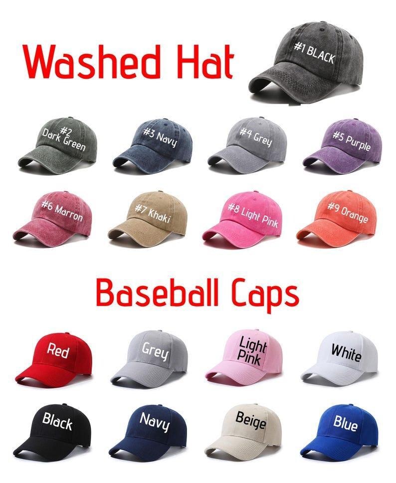 May include: A collection of baseball caps in various colors, including black, navy, red, and grey. The image features the text "Washed Hat" and "Baseball Caps". Each cap is labeled with a color name and a number.