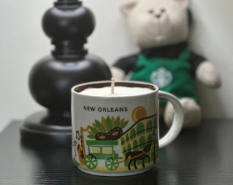 Upcycled Sojawachs-Kerze in Vintage 2015 &quot;You Are Here&quot; Kollektion New Orleans Starbucks Tasse | Umweltfreundliche Kerze | Geschenk für Kaffeeliebhaber