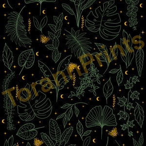 May include: A black background with a repeating pattern of green leaves, yellow stars, and yellow crescent moons.  There are also small yellow bees throughout the pattern.