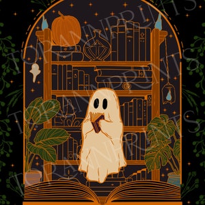 May include: A spooky illustration of a ghost reading a book in a library with a pumpkin, candles, and plants. The text "THE READER" is at the bottom of the image.