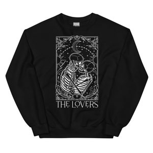 Uniseks The Lovers-sweater | Tarotkaarttrui | Gezellige herfst herfst | Heksachtige esthetiek | Donkere ontwerpen | Halloween | Skelet | Griezelige liefde