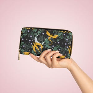 Drachen Fantasy Botanische Reißverschluss Geldbörse, Floral Clutch Bag, Fabelwesen Geldbörse, Verzauberter Kartenhalter, Natur Liebhaber Geschenk