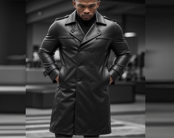 Handmade Cross Chest Men Real Cow Leather Men Long Coat Leather New Fashion Leather Trench Coat With Back Leather Belt Men Leather Coat