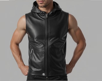 Hooded Soft Real Sheep Leather Front Zipper Vest Motorcycle Bikers Leather Vest Steampunk Leather Vest Men Leather Vest With Hoodie Vest