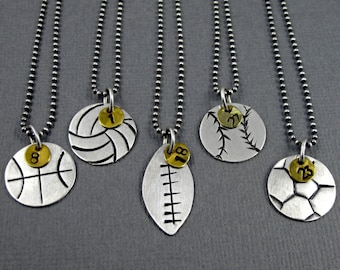 Boule de collier - argent massif et laiton - sports avec numéro - collier Fan - maman collier - basket-ball Volley-ball Football Baseball football