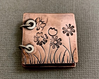 Copper Book Pendant - Flowers and Butterflies Spring Scene - Copper and Sterling Silver