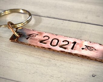 Graduation Keychain 2022 or any year- Personalized - Copper Stamped Key Fob with Split Key Ring