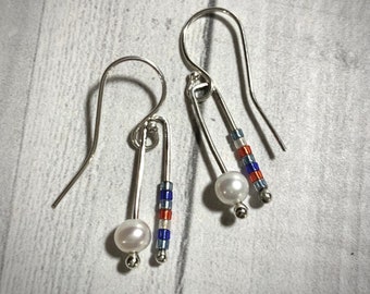 Pearl and Colorful Glass Bead Dangle Earrings - Sterling Silver - Pearl - Glass - Handmade Earrings