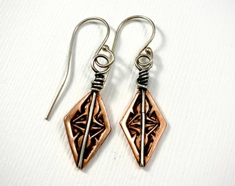 Copper and Silver Diamond Shaped Drop Dangle Earrings - Wrapped Top Earrings - Stamped Copper Handmade Earrings