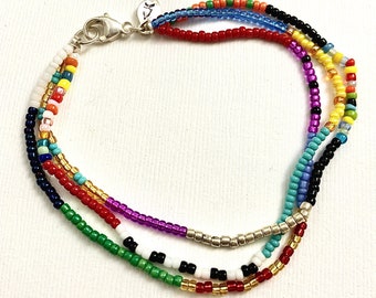 Triple Strand Beaded Bracelet - Colorful Tribal Glass and Sterling Silver Bracelet Multicolor and Sterling Silver Bracelet