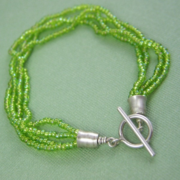 Green Multi-Strand Bead Bracelet with Handmade Sterling Silver Findings