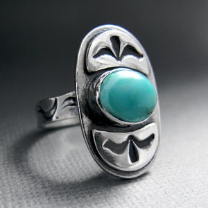 Tribal Turquoise and Sterling Silver Ring Stamped Sterling Silver Turquoise Ring Boho Chic Ring image 2