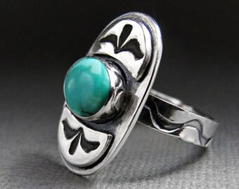 Tribal Turquoise and Sterling Silver Ring - Stamped Sterling Silver - Turquoise Ring - Boho Chic Ring