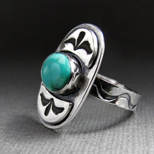 Tribal Turquoise and Sterling Silver Ring Stamped Sterling Silver Turquoise Ring Boho Chic Ring image 1