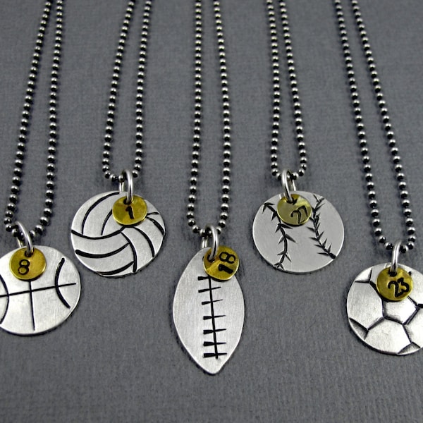 Sports Necklace - Sterling Silver and Brass - Ball with Number - Fan Necklace - Mom Necklace- Basketball Volleyball Football Baseball Soccer