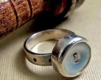 Buttoned Up Ring - Sterling Silver and Vintage Mother of Pearl Button