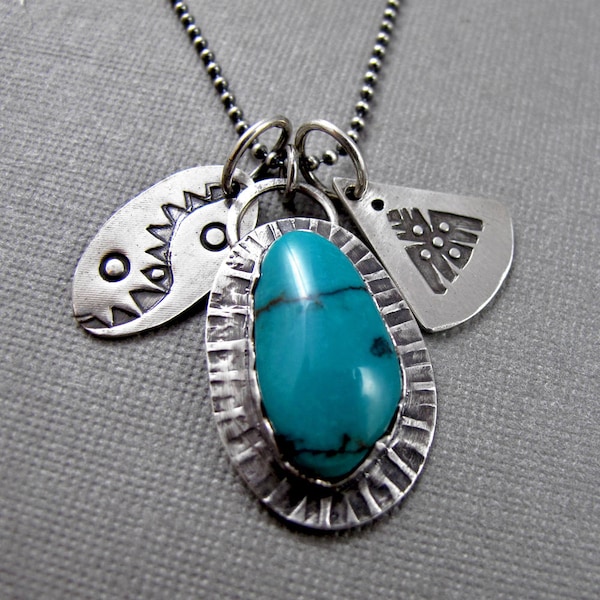 Turquoise Necklace with Stamped Sterling Silver Charms - Tribal Rustic Necklace - Storytellers Necklace - Story Necklace