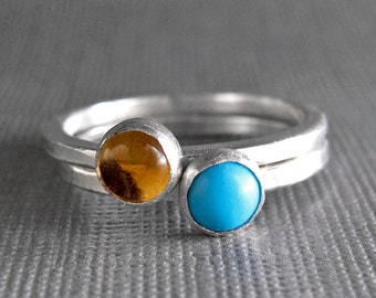 Birthstone Stacking Rings - Sterling Silver & 5mm stones - Two Rings