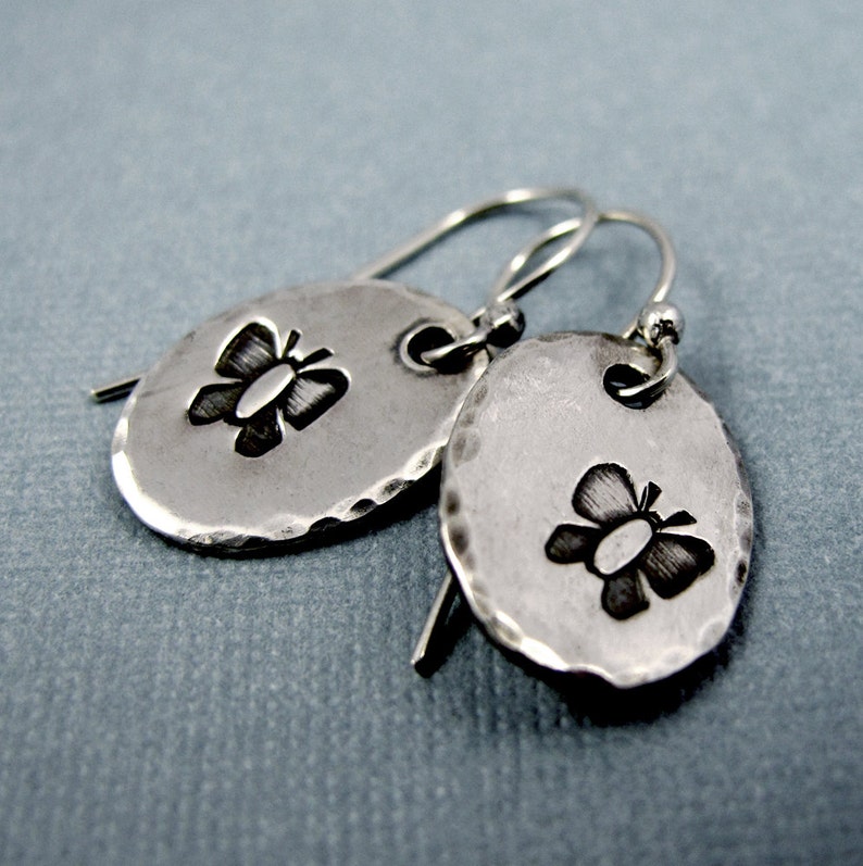 Butterfly Dangle Earrings Sterling Silver Stamped Butterflies Handmade Dangle Earrings image 1