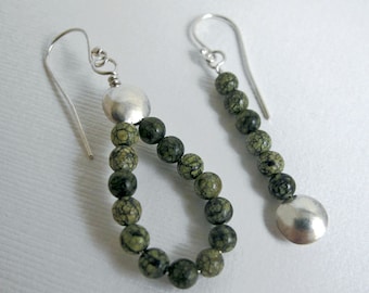 Asymmetrical Sterling and Green Snowflake Jasper Lentil Earrings - Asymmetrical Earrings as Pair