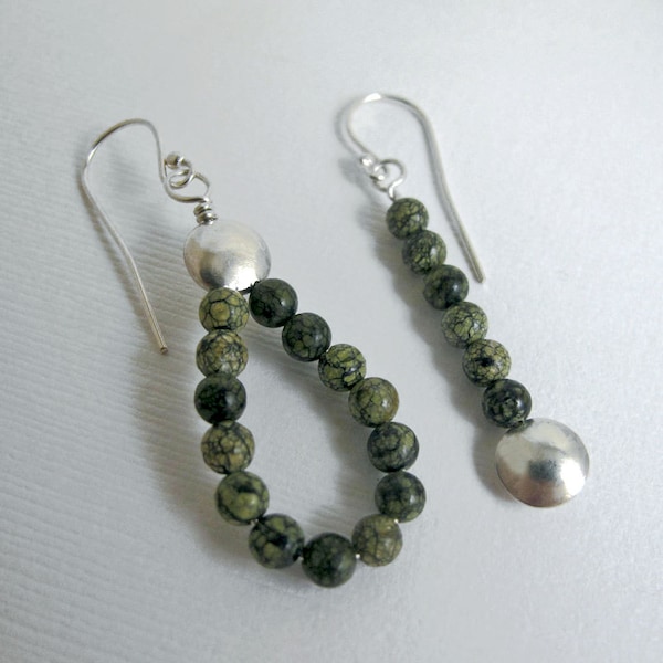 Asymmetrical Sterling and Green Snowflake Jasper Lentil Earrings - Asymmetrical Earrings as Pair