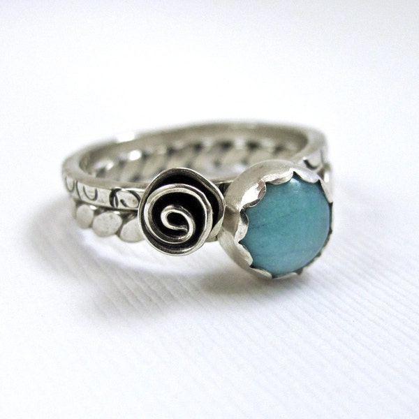 Amazonite and Rosette Flower Stacking RIngs - Sterling Silver & Gemstone