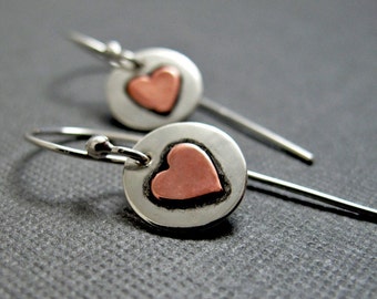 Sweetheart Earrings - Sterling Silver with Copper Hearts little dangles