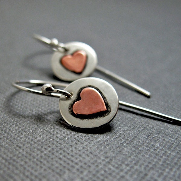 Sweetheart Earrings - Sterling Silver with Copper Hearts little dangles