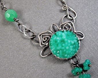 Green Garden Necklace - Sterling Silver and Vintage Glass - One of a Kind Statement Necklace