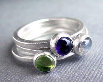 Birthstone Stacking Rings - Sterling Silver & 5mm stones - Three Rings