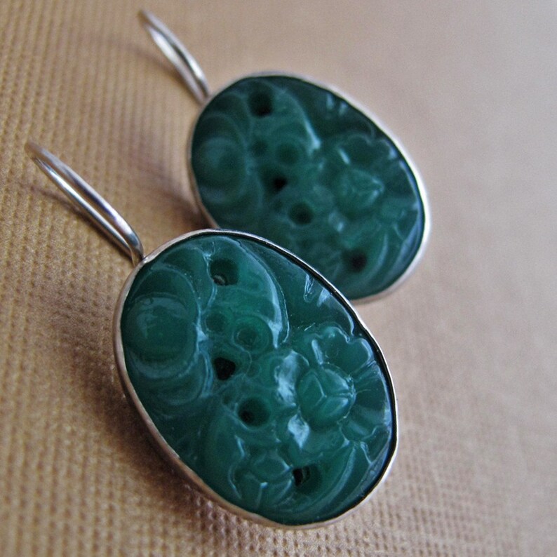 Stepping Stone Earrings Sterling Silver and Vintage Glass Earrings Green Blue or Pink image 1