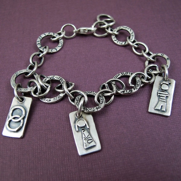 Personalized Mother's Charm Bracelet II - Custom Sterling Silver with figure charms representing kids wedding pets