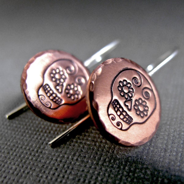 Dia De Los Muertos - Sugar Skull - Copper and Sterling Silver Stamped Earrings