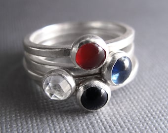 Birthstone Stacking Rings - Sterling Silver & 5mm stones - Four Rings