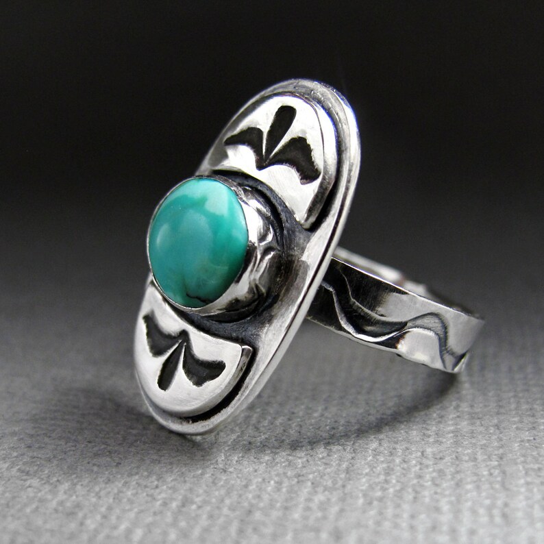 Tribal Turquoise and Sterling Silver Ring Stamped Sterling Silver Turquoise Ring Boho Chic Ring image 1